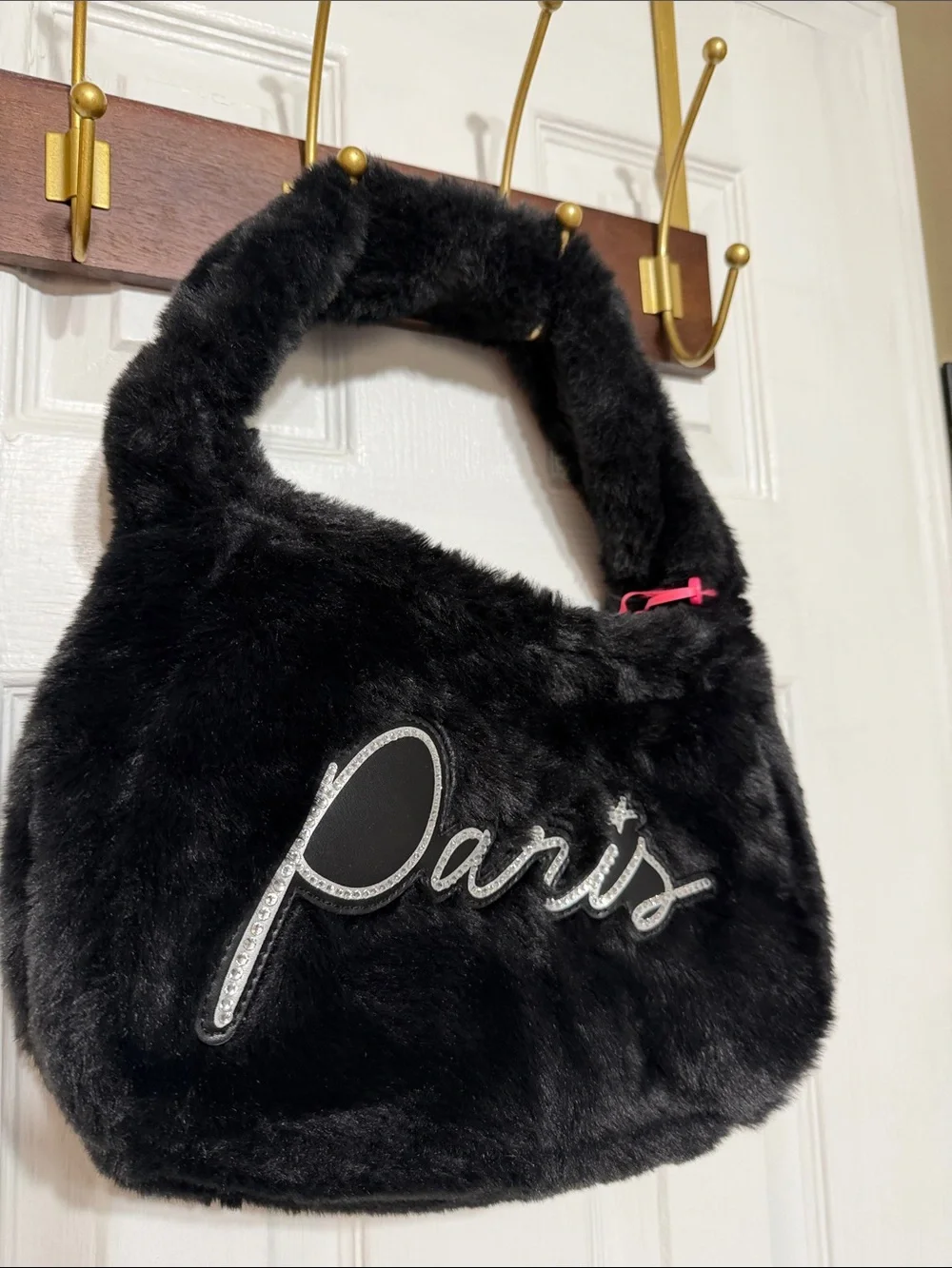 Paris Hilton Black Faux Forever Fur Baguette Bag with Silver Script